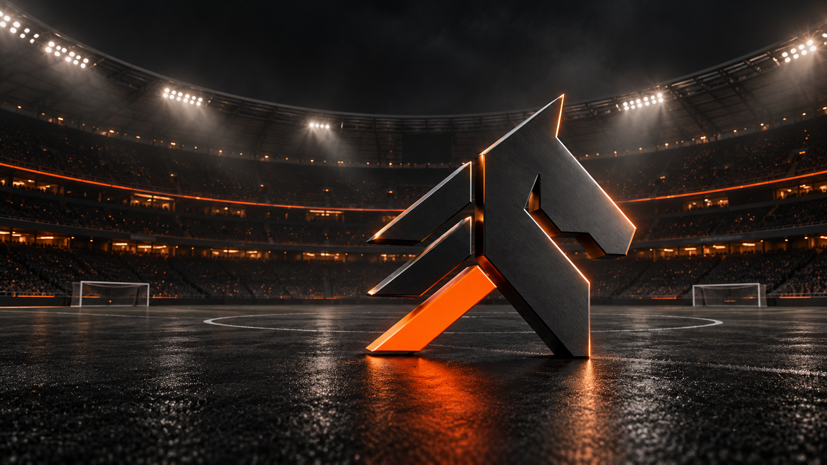 Graphite and orange horse sculpture in a dark stadium